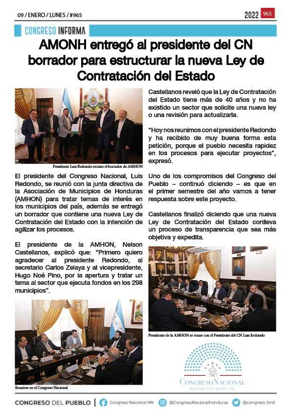 AMHON entregó al presidente del CN borrador para estructurar la nueva Ley de Contratación del Estado